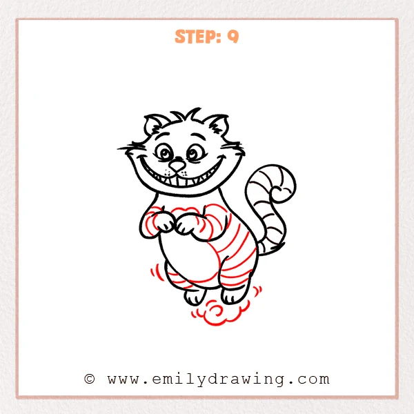 how to draw a cheshire cat - Cheshire Cat now has curved stripe bands on the body and arms, plus small motion marks and a swirly puff beneath the feet.